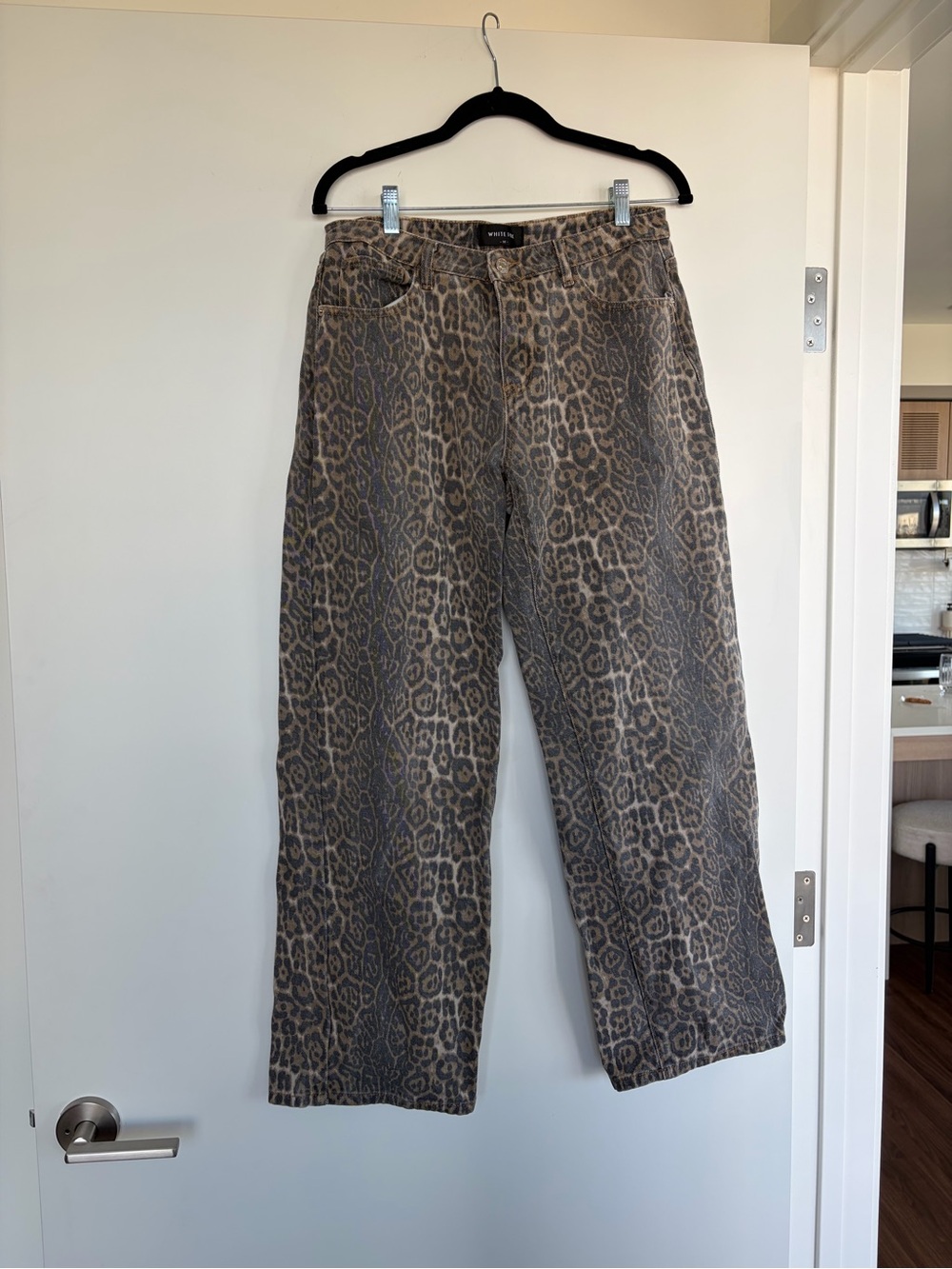 White Fox Leopard Print Mid Rise Wide Leg Jeans